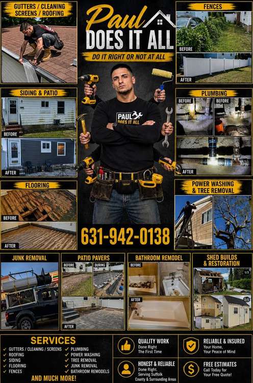 Paul Does It All business flyer showing completed home improvement projects